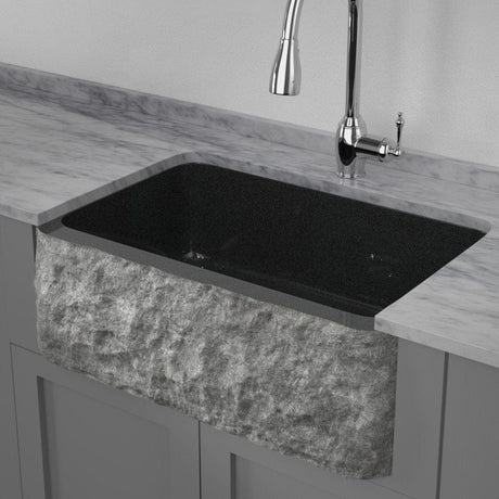 30" Kennesaw Polished Blue Gray Granite Single-Bowl Farmhouse Sink - Chiseled Apron