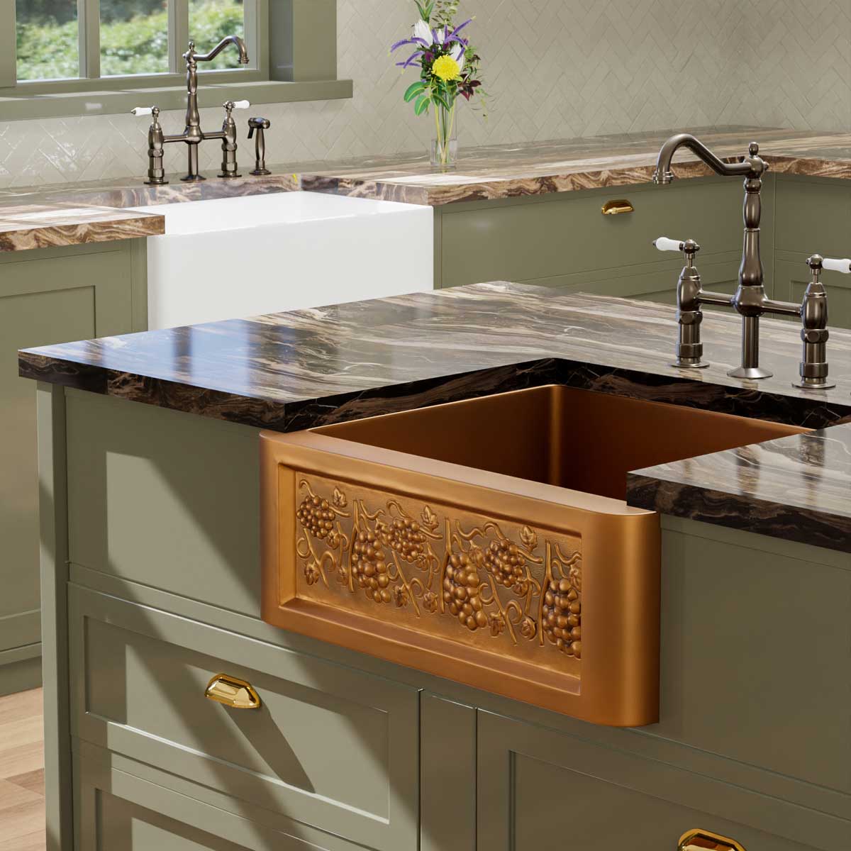 30" Lynn Copper Grape Design Single-Bowl Farmhouse Sink