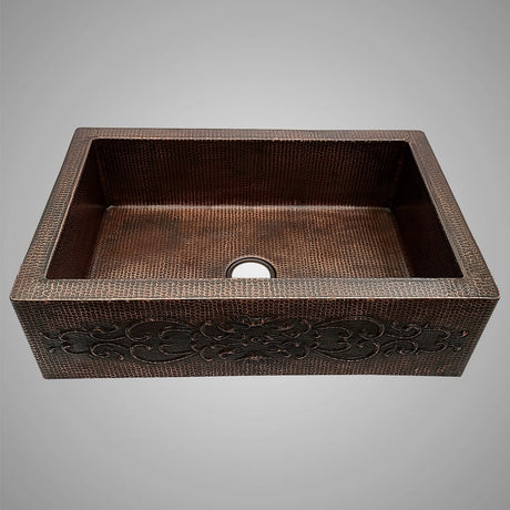 30" Narrow Bordenham Hammered Copper Single-Bowl Farmhouse Sink with Scrolled Front Apron