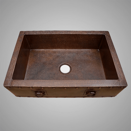 30" Narrow Gargencod Hammered Copper Single-Bowl Farmhouse Sink with Rings and Riveted Bands