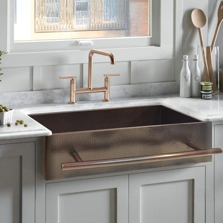 30" Narrow Selzergor Hammered Copper Single-Bowl Farmhouse Sink with Towel Bar