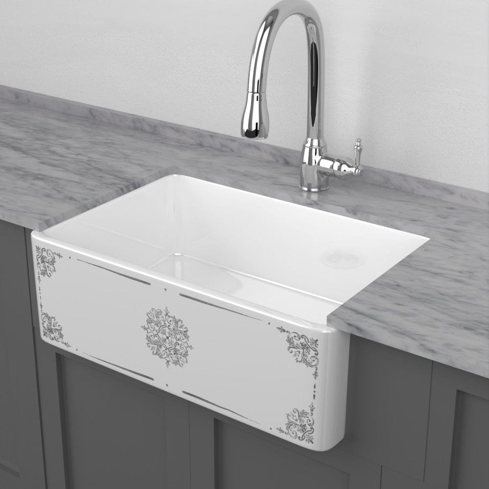 30" Parisi Handcrafted Fireclay Single-Bowl Framed Medallion Motif Farmhouse B-Grade Sink - White