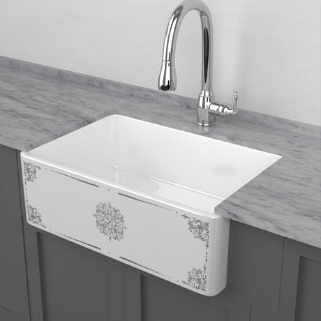 30" Parisi Handcrafted Fireclay Single-Bowl Framed Medallion Motif Farmhouse B-Grade Sink - White