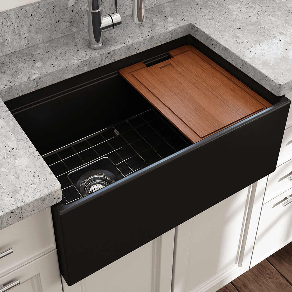 30" Scanley Fireclay Single-Bowl Workstation Farmhouse Sink with Offset Drain