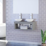 30" Thanesta Teak Wall-Mount Double Vessel Sink Vanity with Shelf - Gray Wash