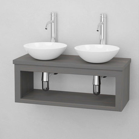 30" Thanesta Teak Wall-Mount Double Vessel Sink Vanity with Shelf - Gray Wash