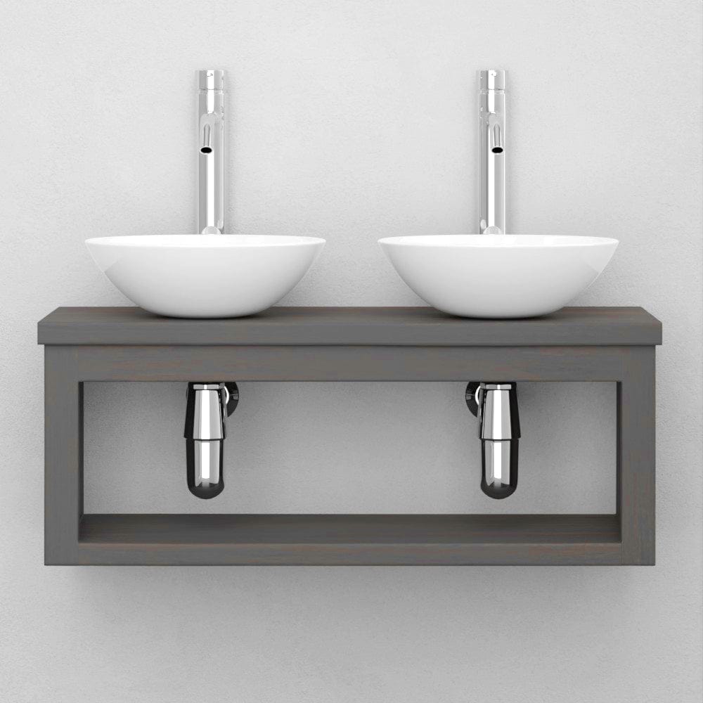 30" Thanesta Teak Wall-Mount Double Vessel Sink Vanity with Shelf - Gray Wash