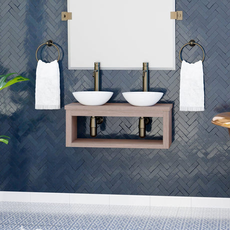 30" Thanesta Teak Wall-Mount Double Vessel Sink Vanity with Shelf - Whitewash