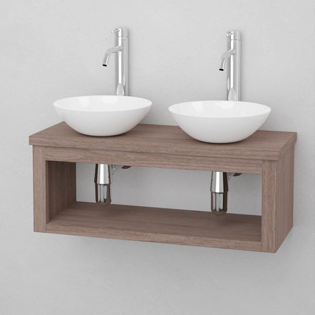 30" Thanesta Teak Wall-Mount Double Vessel Sink Vanity with Shelf - Whitewash