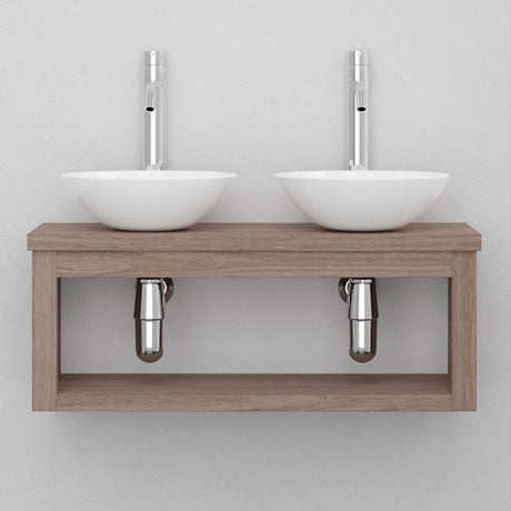30" Thanesta Teak Wall-Mount Double Vessel Sink Vanity with Shelf - Whitewash