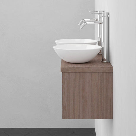 30" Thanesta Teak Wall-Mount Double Vessel Sink Vanity with Shelf - Whitewash