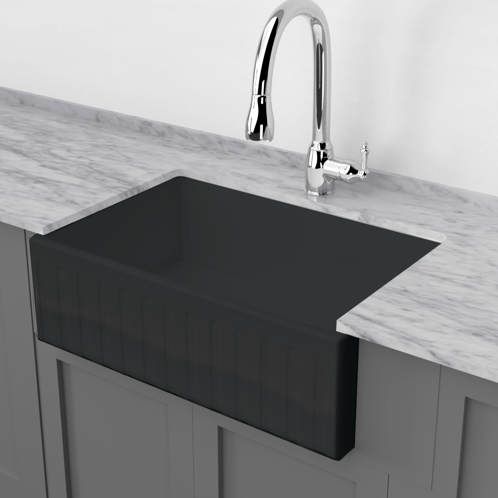 30" Uberto Handcrafted Fireclay Single-Bowl Fluted Apron Farmhouse Sink - Glossy Black