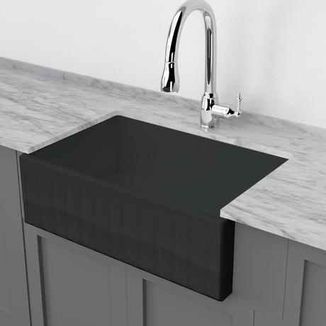30" Uberto Handcrafted Fireclay Single-Bowl Fluted Apron Farmhouse Sink - Glossy Black