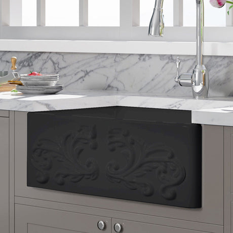 30" Una Handcrafted Fireclay Single-Bowl Foliage Apron Farmhouse B-Grade Sink - Matte Black