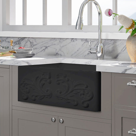 30" Una Handcrafted Fireclay Single-Bowl Foliage Apron Farmhouse B-Grade Sink - Matte Black