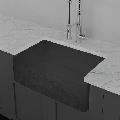 30" Una Handcrafted Fireclay Single-Bowl Foliage Apron Farmhouse B-Grade Sink - Matte Black