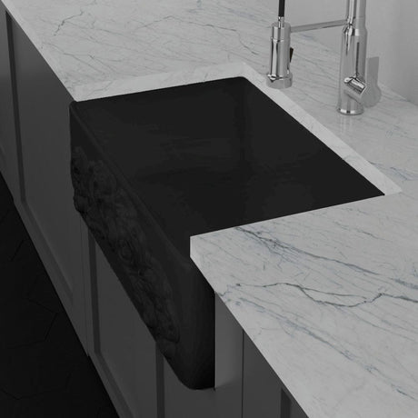 30" Una Handcrafted Fireclay Single-Bowl Foliage Apron Farmhouse B-Grade Sink - Matte Black