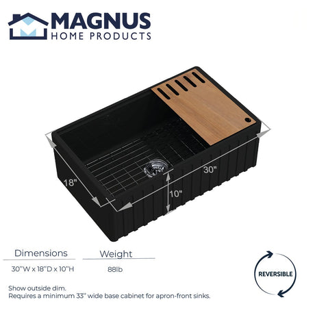 30" Zola Fireclay Single-Bowl Fluted Apron Farmhouse Workstation Sink - Matte Black