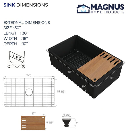 30" Zola Fireclay Single-Bowl Fluted Apron Farmhouse Workstation Sink - Matte Black