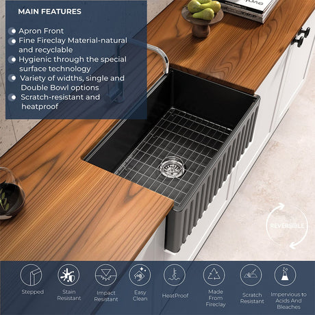 30" Zola Fireclay Single-Bowl Fluted Apron Farmhouse Workstation Sink - Matte Black