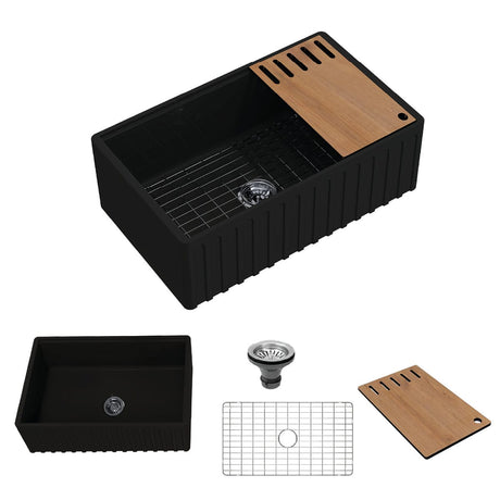 30" Zola Fireclay Single-Bowl Fluted Apron Farmhouse Workstation Sink - Matte Black