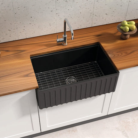 30" Zola Fireclay Single-Bowl Fluted Apron Farmhouse Workstation Sink - Matte Black