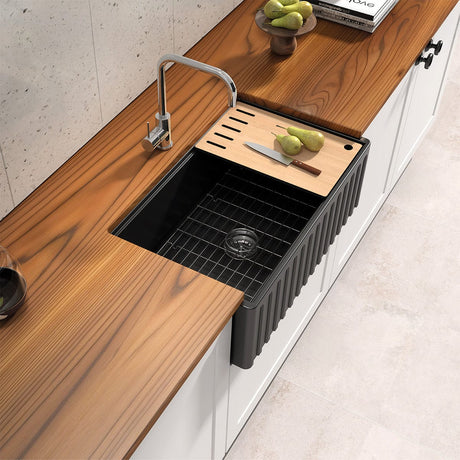 30" Zola Fireclay Single-Bowl Fluted Apron Farmhouse Workstation Sink - Matte Black