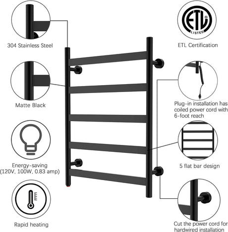 31" Tall 5 Flat Bar Wall-Mount Hard-Wiring/Plug in Towel Warmer