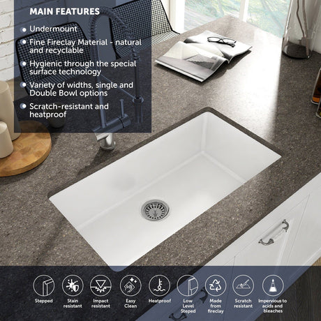 32" Fosco Fireclay Single-Bowl Undermount Sink