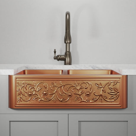 33" Ashland Copper Vine Design 60/40 Offset Double-Bowl Farmhouse Sink