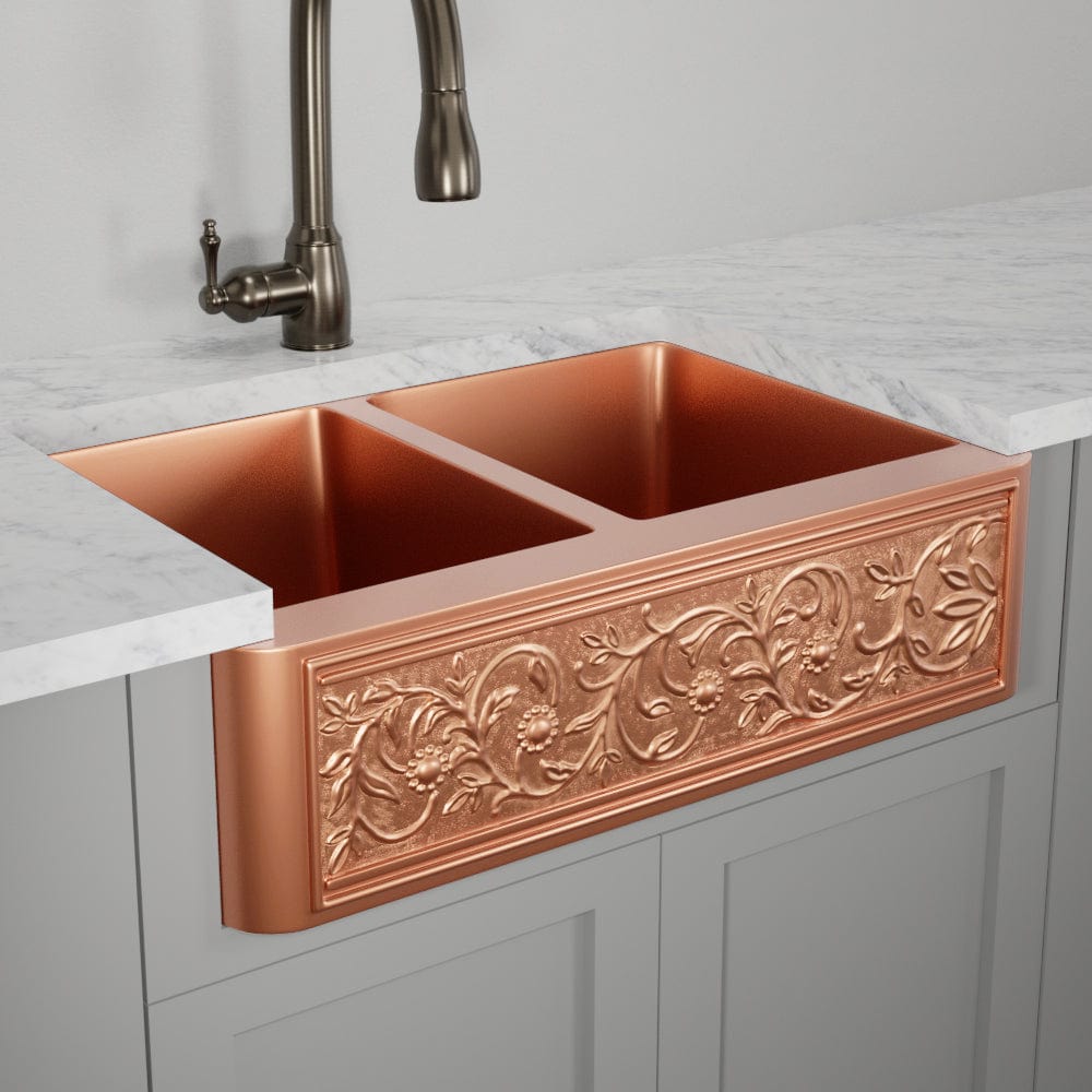 33" Ashland Copper Vine Design 60/40 Offset Double-Bowl Farmhouse Sink