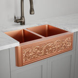 33" Ashland Copper Vine Design 60/40 Offset Double-Bowl Farmhouse Sink