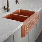 33" Ashland Copper Vine Design 60/40 Offset Double-Bowl Farmhouse Sink