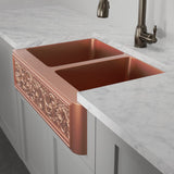 33" Ashland Copper Vine Design Double-Bowl Farmhouse Sink