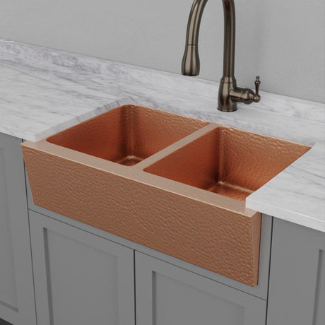 33" Atoka Hammered Copper Double-Bowl Farmhouse Sink