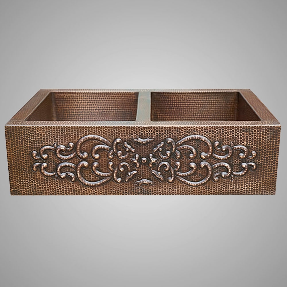 33" Bordenham Hammered Copper Double-Bowl Farmhouse Sink with Scrolled Apron