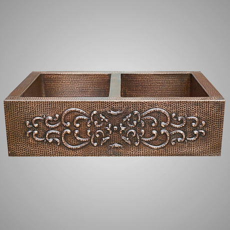 33" Bordenham Hammered Copper Double-Bowl Farmhouse Sink with Scrolled Apron