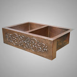 33" Bordenham Hammered Copper Double-Bowl Farmhouse Sink with Scrolled Apron