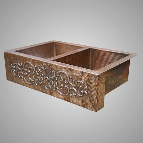 33" Bordenham Hammered Copper Double-Bowl Farmhouse Sink with Scrolled Apron