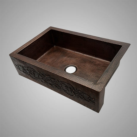 33" Bordenham Hammered Copper Single-Bowl Farmhouse Sink with Scrolled Front Apron