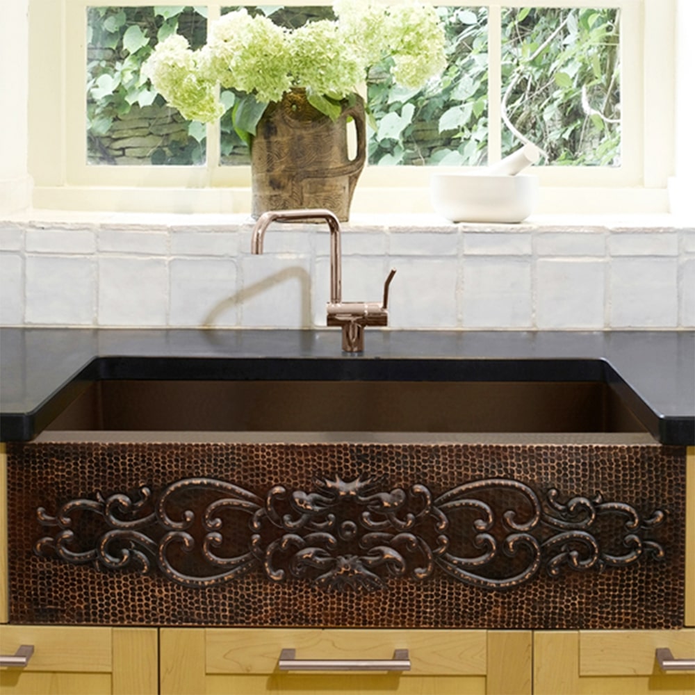 33" Bordenham Hammered Copper Single-Bowl Farmhouse Sink with Scrolled Front Apron