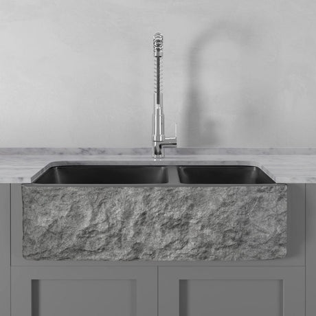 33" Buford Polished Black Granite Double-Bowl Farmhouse Sink - Chiseled Apron