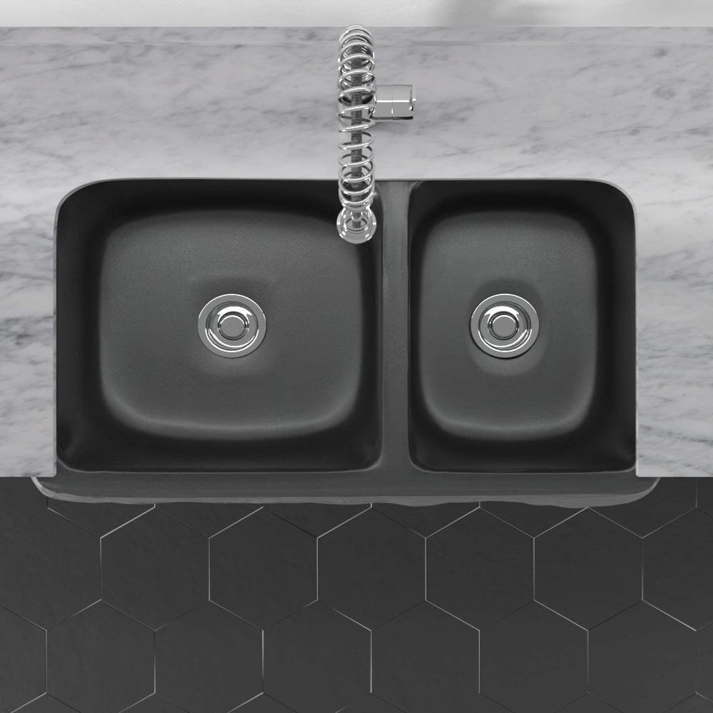 33" Buford Polished Black Granite Double-Bowl Farmhouse Sink - Chiseled Apron