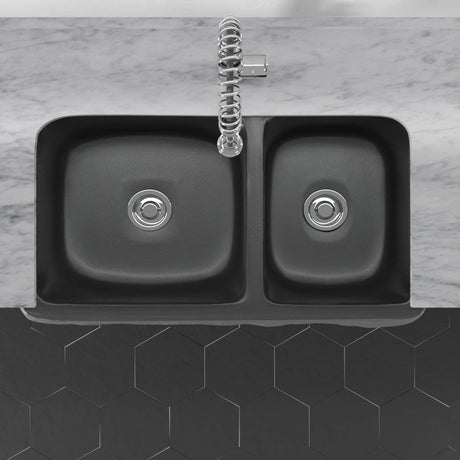 33" Buford Polished Black Granite Double-Bowl Farmhouse Sink - Chiseled Apron