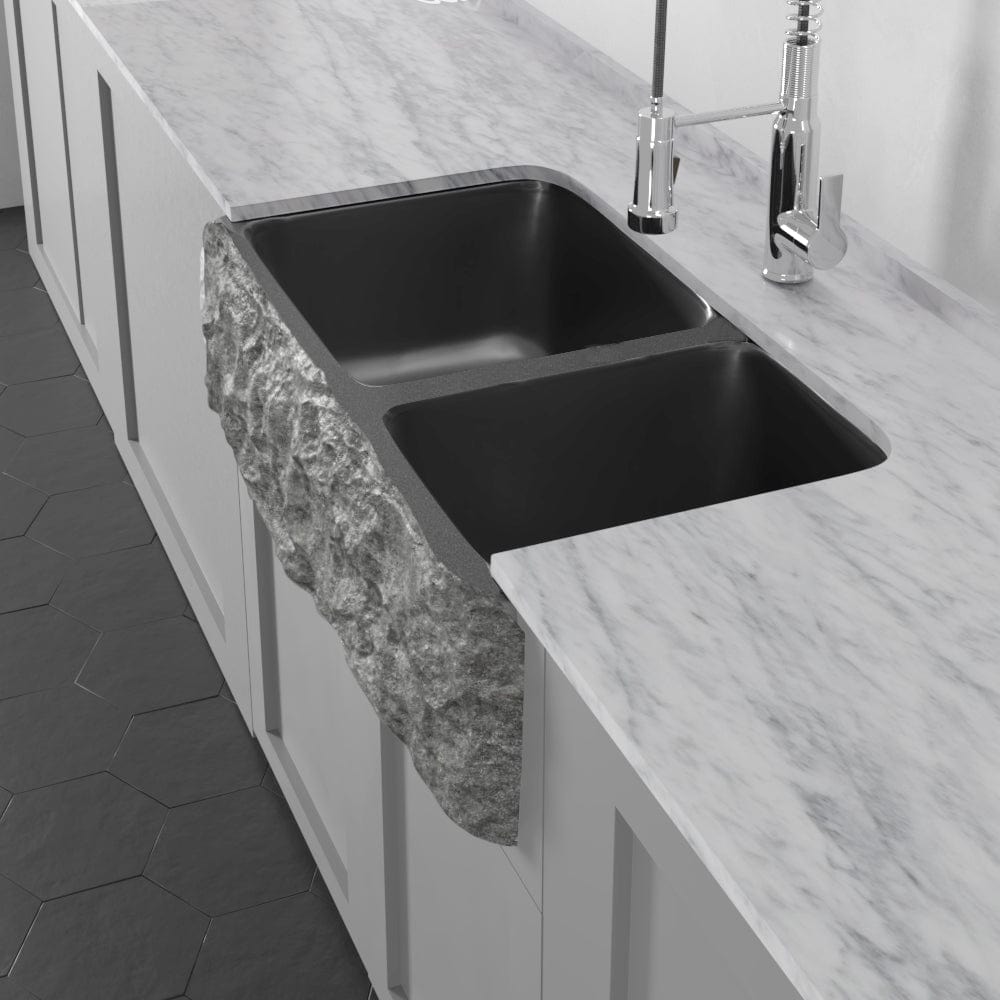 33" Buford Polished Black Granite Double-Bowl Farmhouse Sink - Chiseled Apron