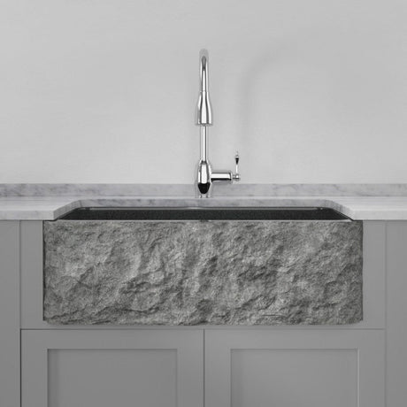 33" Buford Polished Black Granite Single-Bowl Farmhouse Sink - Chiseled Apron