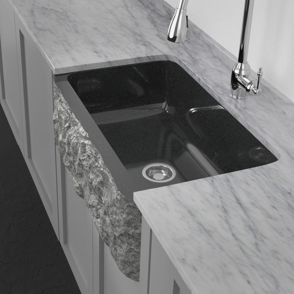 33" Buford Polished Black Granite Single-Bowl Farmhouse Sink - Chiseled Apron