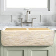 33" Burwell Polished Egyptian Cream Marble Double-Bowl Farmhouse Sink - Chiseled Apron