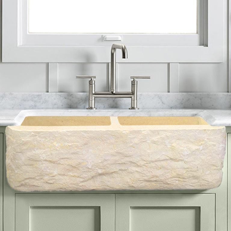 33" Burwell Polished Egyptian Cream Marble Double-Bowl Farmhouse Sink - Chiseled Apron