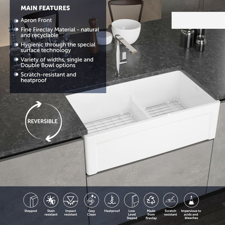 33" Dario Fireclay Double-Bowl Farmhouse Sink